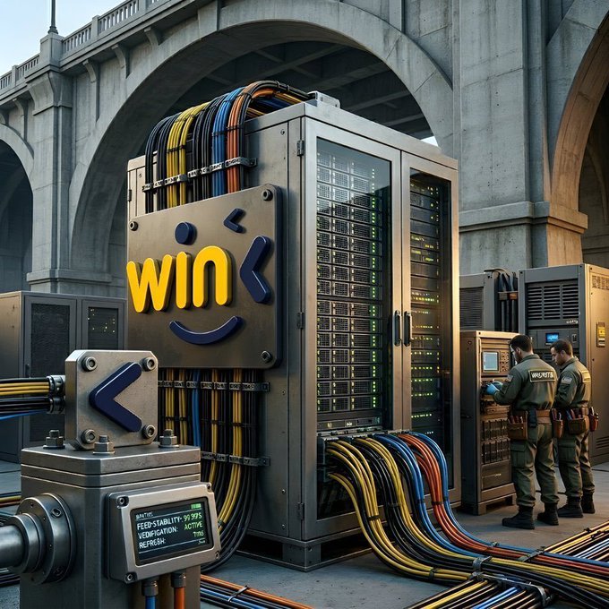 A digital artwork depicting workers servicing a massive industrial server unit under a concrete bridge, featuring a prominent yellow 'WINK' sign and colorful cabling.