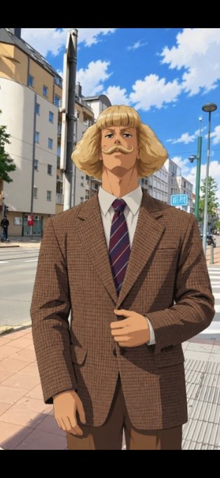 An anime-style character with blonde hair and a curly mustache wears a brown plaid suit with a striped tie on a sunny city street.