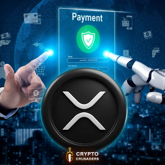 A digital promotional graphic featuring a hand and robotic finger pointing at a "Payment" interface with a green security shield, alongside the XRP cryptocurrency logo and "Crypto Crusaders" branding, visually reinforcing the post's claim about Ripple advancing AI-powered payments on the XRP Ledger.
