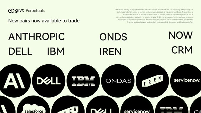 The image features a poster with various logos of different companies such as Amazon, Dell, IBM, and others. The poster also displays text that reads "7 new markets went live on Grvt this week ☆ Anthropic ☆ ServiceNow ☆ Salesforce ☆ IBM ☆ Dell ☆ IREN ☆ Ondas Some of the world's biggest tech names, tradable from one balance". The image is predominantly black and white with some color accents.