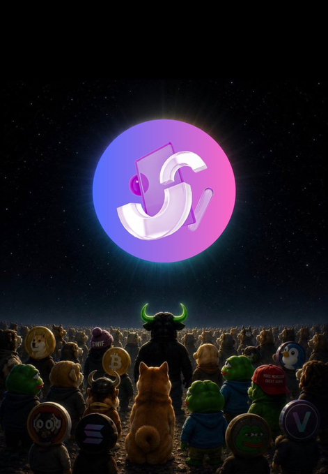 A glowing pink-and-purple circular logo featuring a stylized "S" floats above a crowd of diverse crypto mascots — including Doge, Bitcoin, Pepe, Wojak, and others — all gazing up at it under a starry night sky. The image visually reinforces the post's message by depicting the Sokki Network logo as a guiding icon uniting the crypto community, suggesting that while memecoins chase trends, Sokki is the emerging leader shaping the next meta.