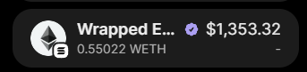 A crypto asset display showing 'Wrapped E...' with a balance of 0.55022 WETH valued at $1,353.32.