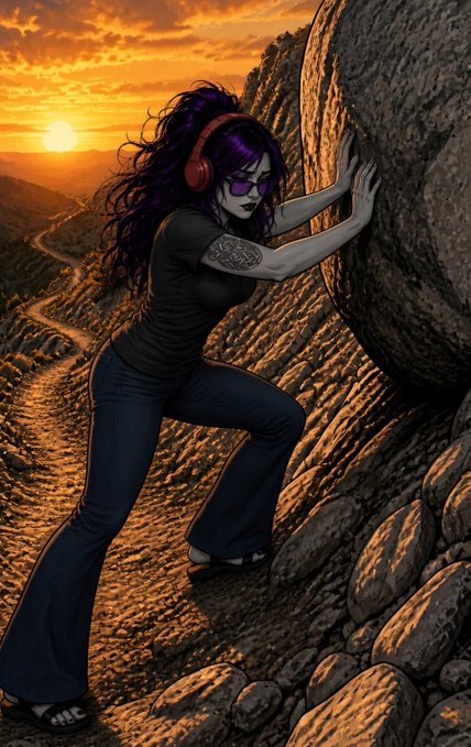 A woman with purple hair and red headphones pushes a massive boulder up a rocky slope at sunset, evoking the Sisyphean effort of personal growth; no text or numbers appear in the image. The struggle and tension in the scene mirror the post's reflection on finding mental focus amid the tedious climb of self-improvement.