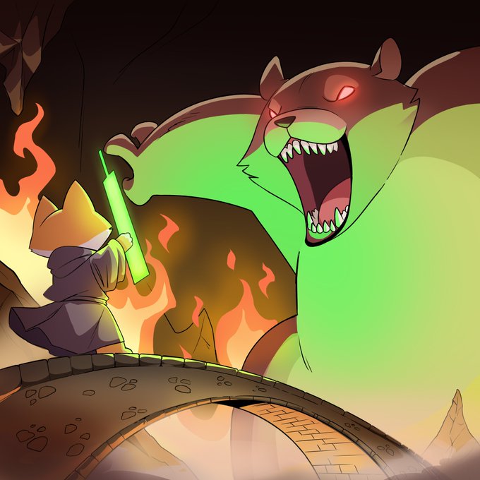 A tiny fox-like wizard in a dark robe stands atop a stone bridge, wielding a glowing green staff against a massive, snarling bear-like creature with glowing red eyes, surrounded by flames in a cavernous setting—vividly illustrating the "Inu is an (artificial) wizard" theme as the small mage bravely confronts a giant beast.