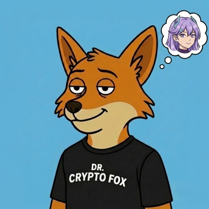 The image features a cartoon dog wearing a black t-shirt with white text that says "Dr. Crypto Fox" written in capital letters, accompanied by a thought bubble containing a purple girl's head. The caption below the image reads "gdonut CT signs you've been using D0 too much: > you expect every platform to understand what you're trying to do ... you start talking to trading tools like they're people ... opening 10 tabs suddenly feels unnecessary".