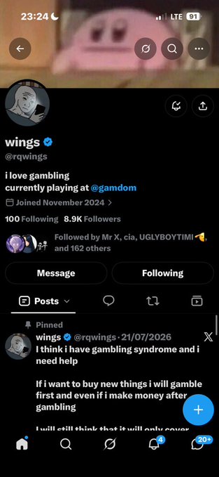 A Twitter/X profile screenshot of user 'wings' (@rqwings) describing themselves as 'i love gambling currently playing at @gamdom,' with a pinned tweet reading 'i think i have gambling syndrome and i need help.'