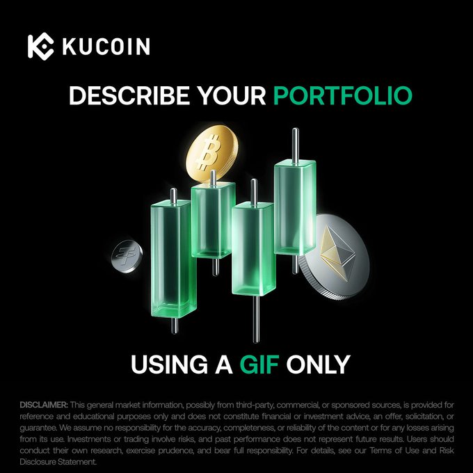 A KuCoin promotional graphic featuring green 3D candlestick charts alongside Bitcoin, Ethereum, and XRP coins, with the headline "DESCRIBE YOUR PORTFOLIO USING A GIF ONLY," inviting users to enter a social media contest by sharing a GIF of their crypto portfolio for a chance to win 30 USDT.