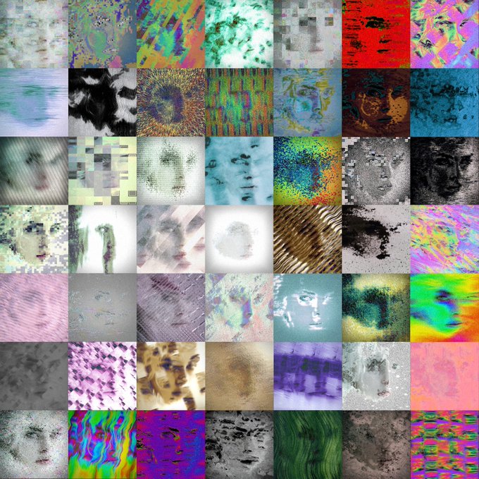 A grid of 49 distorted, glitch-art images featuring heavily modified faces, neon hues, and pixelation patterns resembling AI training data or generative art samples.