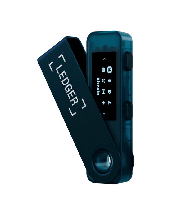A Ledger hardware cryptocurrency wallet with a screen displaying Bitcoin, Ethereum, and other crypto asset icons is shown in navy blue and translucent casing.