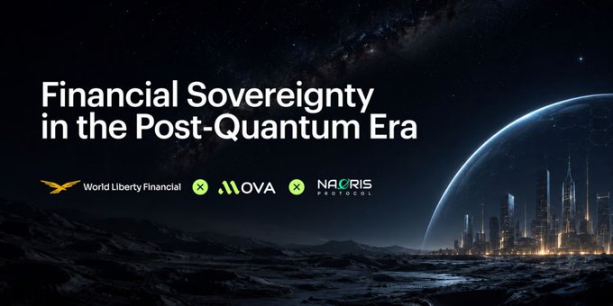 The image features a large cityscape with buildings of varying heights, set against a dark sky filled with stars. The text "Financial Sovereignty in the Post-Quantum Era" is displayed at the top of the image, while the words "MOVA", "@MovaChain", and "#Nova" are also present. The city skyline serves as a backdrop for the text, creating an interesting visual contrast between the urban environment and the abstract concept of financial sovereignty in the post-quantum era.