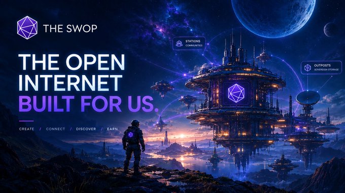 A sci-fi themed promotional banner for 'THE SWOP' with the text 'THE OPEN INTERNET BUILT FOR US. CREATE / CONNECT / DISCOVER / EARN', featuring a futuristic cityscape.