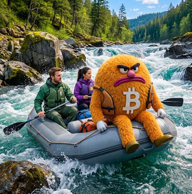 An AI-generated image shows a fluffy orange Bitcoin mascot with a grumpy expression sitting in a raft alongside two people navigating white-water rapids.