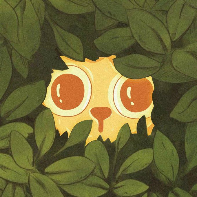 A yellow cat with wide, alert orange eyes peers through dense green foliage. The image cleverly mirrors the post's shock—someone just cashed out $50k of $cets with no chart movement, leaving onlookers as stunned as the cat staring out from the bushes.
