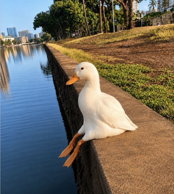 A white duck with an orange beak and feet sits on a concrete ledge beside a calm canal, with a grassy slope, trees, and city skyline in the background.