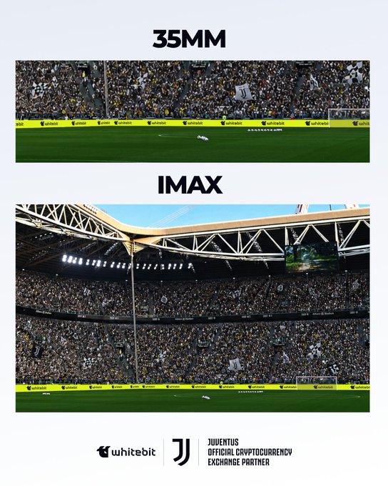 The image compares two stadium views labeled "35MM" (a close-up shot) and "IMAX" (a wide panoramic shot) of a packed Juventus football stadium featuring WhiteBIT advertising boards along the sidelines. At the bottom, the WhiteBIT and Juventus logos appear alongside text identifying "JUVENTUS OFFICIAL CRYPTOCURRENCY EXCHANGE PARTNER." The visual reinforces the post's message by showcasing the immersive scale of the matchday experience, inviting fans to engage more deeply with the 26/27 season through the WhiteBIT partnership.