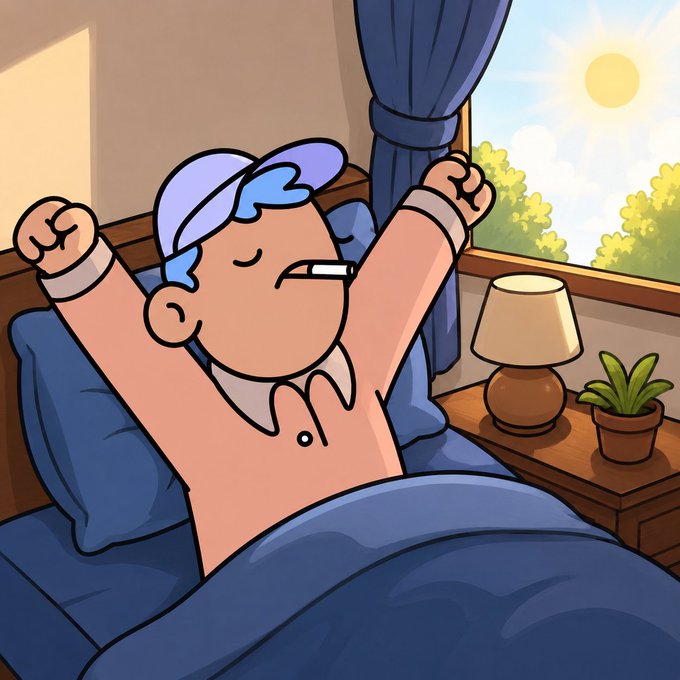 A cartoon illustration of a person in a purple cap waking up and stretching in bed next to a sunlit window.