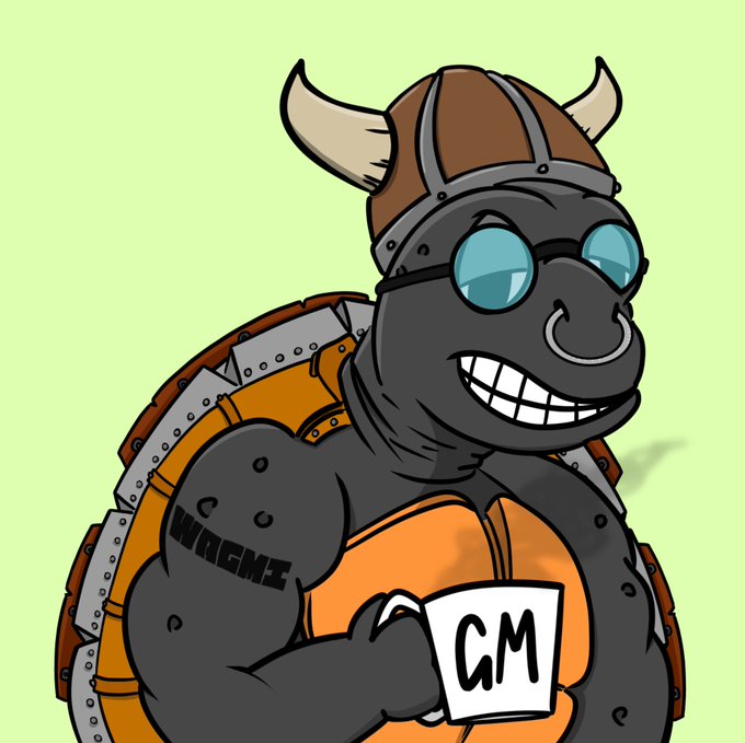 Cartoon illustration of a muscular, anthropomorphic turtle character wearing a Viking helmet with horns, round glasses, and a nose ring, holding a card labeled 'CM' with 'WAGME' tattooed on its arm.