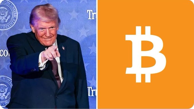Donald Trump is shown pointing next to the Bitcoin logo, referencing his statement that "Trump Accounts" could potentially include Bitcoin.
