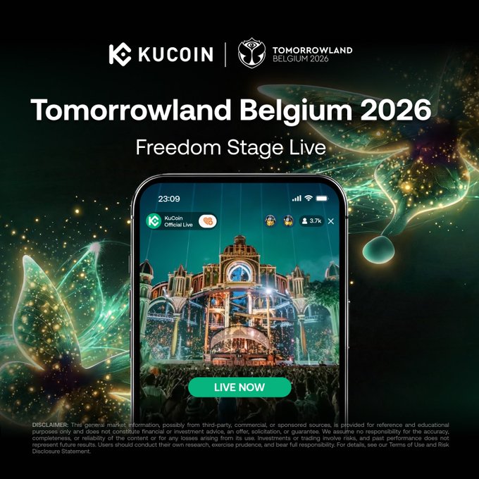 The image depicts a smartphone screen displaying a live stream of Tomorrowland Belgium 2026 featuring the Freedom Stage, presented by KuCoin. The accompanying post highlights that the Freedom Stage livestream is currently available on the KuCoin App.