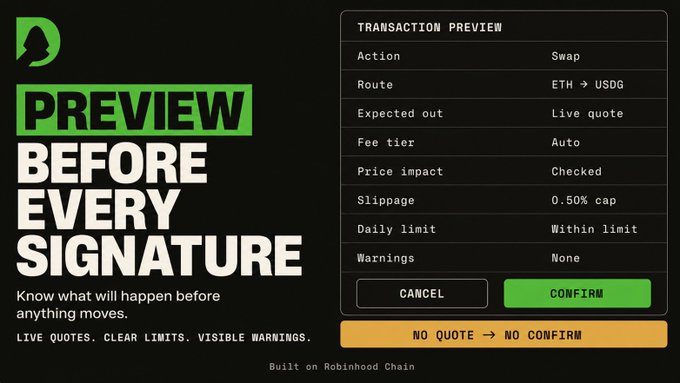Crypto transaction preview interface with the text 'PREVIEW BEFORE EVERY SIGNATURE' and details including 'Action: Swap', 'Route: ETH → USDG', 'Fee tier: Auto', and 'Slippage: 0.50% cap'.