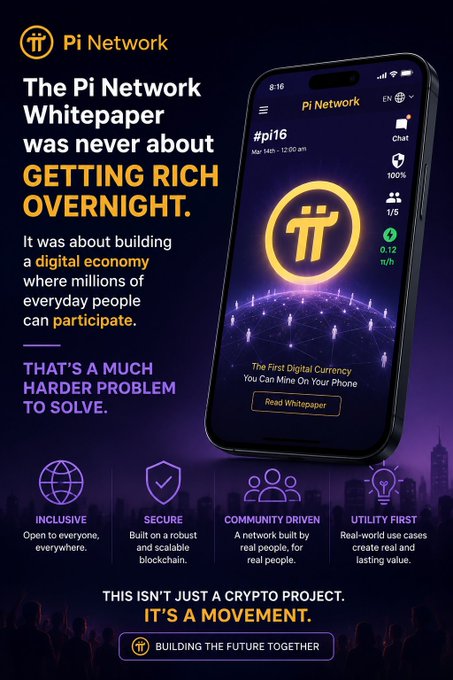 A promotional graphic for Pi Network featuring a smartphone displaying the app interface, with text emphasizing that the whitepaper was about building a digital economy rather than getting rich overnight, highlighting values like inclusivity, security, community, and utility.