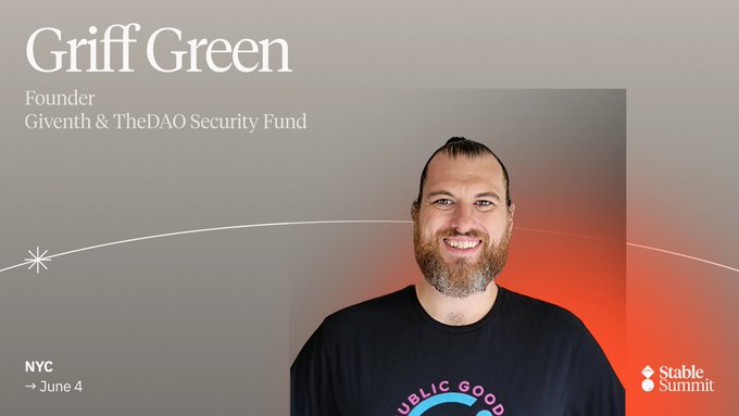The image features a man with a beard wearing a black t-shirt smiling at the camera. The background of the image has a gradient effect that transitions from red to gray, creating an interesting visual effect. The caption below the image reads "I'M GOING TO BE AT THE STABLE SUMMIT AND VETERAN VENTURE SUMMIT! If you will be there, we can meet up!".