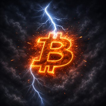 The image depicts the Bitcoin (₿) logo engulfed in fiery orange flames and struck by a bright blue lightning bolt against a dark, cloudy background—visually symbolizing a security threat or exploit. This dramatic imagery aligns with the post's warning that attackers are targeting unpatched Core Lightning nodes running v26.06.7 or earlier, urging immediate upgrades to prevent compromise.