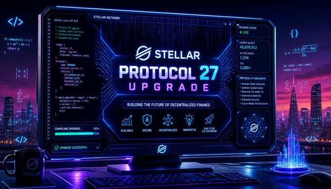 The image features a computer monitor with a webpage that says "Stellar Protocol 27 Upgrade Is Coming Big things are happening in the Stellar ecosystem. The upcoming Protocol 27(Zipper) upgrade is set to bring major improvements for developers, wallets, smart accounts, and the broader network". The webpage also includes a list of milestones related to the upcoming Protocol 27 upgrade.

The image shows a computer monitor with a keyboard on top of it, indicating that someone might be working on the upgrade process or has just completed the upgrade. There is also a cup placed near the monitor, possibly containing coffee or another beverage for the person working on the upgrade.