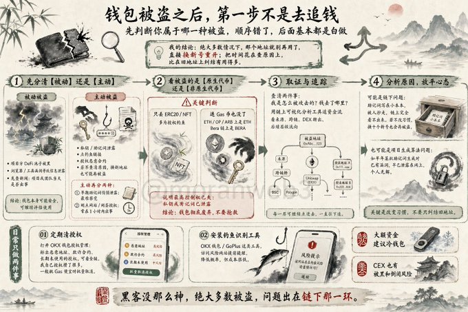 The image is a Chinese-language infographic titled "钱包被盗之后，第一步不是去追钱" (After your wallet is stolen, the first step is not to chase the money), outlining a step-by-step guide for responding to a stolen crypto wallet. It includes four main steps—determining whether it was passive or active theft, checking the theft method (such as ERC20/NFT, ETH/OP/ARB, or Base链), tracing the funds and routes, and analyzing the cause—along with daily precautions and recovery tools like OKX and GoPlus. The image visually corresponds to the post, which advises abandoning the compromised address, identifying the type of theft, and addressing the root cause rather than attempting to recover the lost funds.