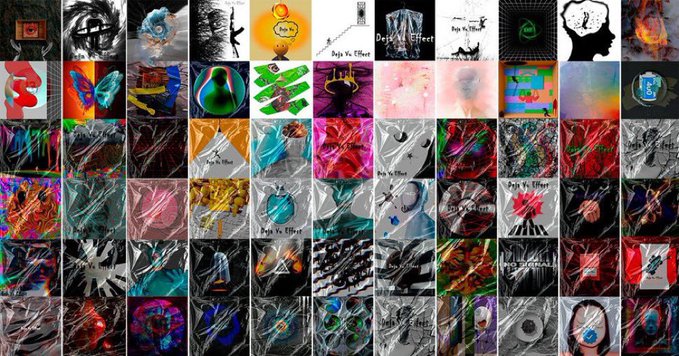 The image features a large grid of square icons, each representing a different album or music artist, arranged against a neutral gray background. The icons vary in size, shape, and color, creating an intriguing collage-like effect that captures attention. There are many distinct elements within this visual display, including a range of album names, artists' logos, and even some additional text descriptions providing context about the artworks. One piece of text reads "giving away 3x GTD wl spots for @Deja_Vu_Effect", while another description offers an insight into the process involved in creating such a collage. The image itself appears to be part of a larger graphic or poster, with the artist name "@Deja_Vu_Effect" being prominently displayed within it.