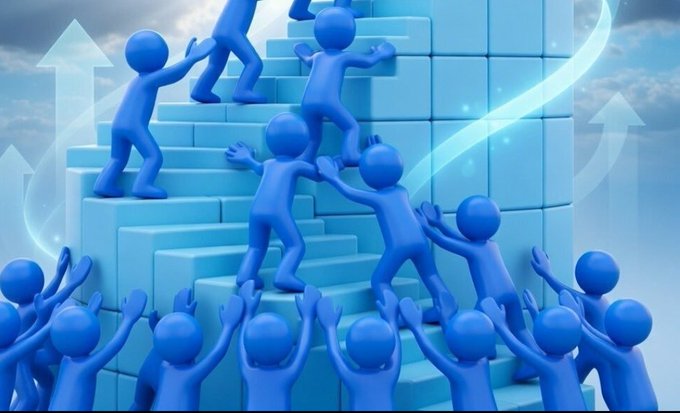A group of blue 3D figures climb and support each other up a staircase of blocks, with upward arrows symbolizing collective growth and advancement—mirroring the post's call to be an "ACTIVE" member of the X community for mutual support and growth.