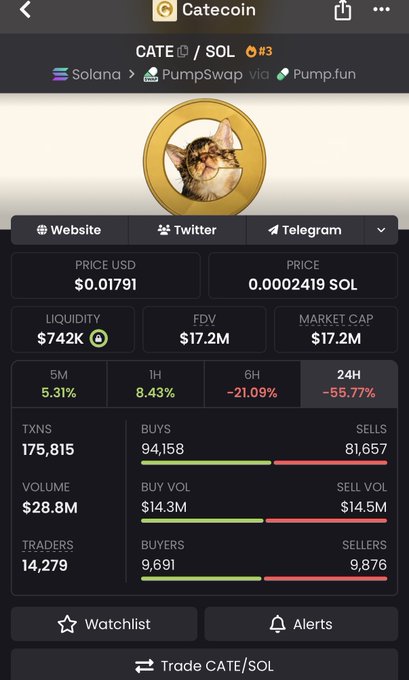 A mobile app screen displaying Catecoin (CATE/SOL) token statistics on Solana via PumpSwap, showing a price of $0.01791, $742K liquidity, $17.2M market cap, and a significant 24H decline of -55.77%.