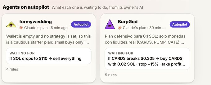 A screenshot of an "Agents on autopilot" dashboard displays two crypto trading agents: "formyweeding" waiting to sell everything if SOL drops to $110, and "BurpGod" waiting to buy CARDS with 0.02 SOL if CARDS breaks $0.305.