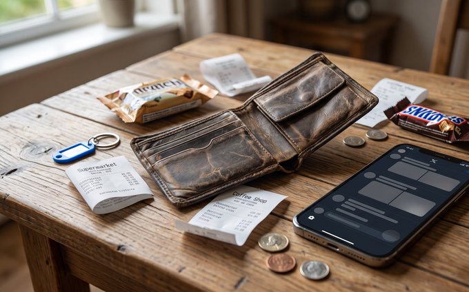 A wooden table displaying an open brown leather wallet surrounded by supermarket receipts, loose coins, snack bars, keys, and a smartphone showing a messaging app interface.