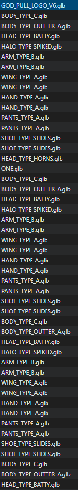 A code file listing shows repeated entries from 'GOD_PULL_LOGO_V6.glb' including BODY_TYPE_C, BODY_TYPE_OUTTER_A, HEAD_TYPE_BATTY, HALO_TYPE_SPIKED, ARM_TYPE_B, WING_TYPE_A, HAND_TYPE_A, PANTS_TYPE_A, SHOE_TYPE_SLIDES, and SHOE_TYPE_HORNS assets.