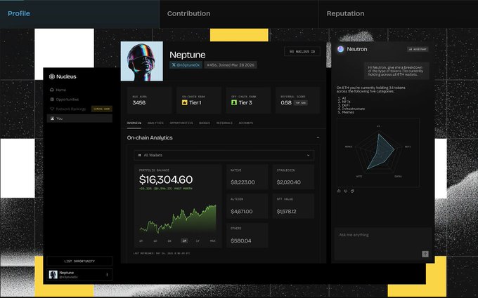 User profile dashboard for 'Neptune' on the Nucleus platform showing on-chain analytics with a portfolio balance of $16,304.60, including $8,223.00 in MATIC and $2,020.40 in STMATIC.