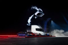 A race car speeds through smoke at night with dramatic red taillights and a glowing silhouette in the background.