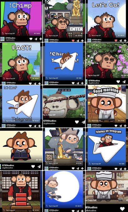 A collage of animated GIF thumbnails featuring a cartoon monkey character in various scenes, from an account named 'GTSfudios' with 'Tap to Copy GIF' watermarks.