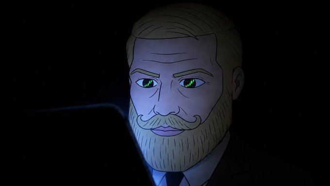 A stylized animated illustration of a bearded man with piercing green eyes stares intensely from a dark background, his serious expression mirroring the bold, official tone of the announcement declaring him a long-term Growth Partner for the $NOGAY Solana memecoin project.