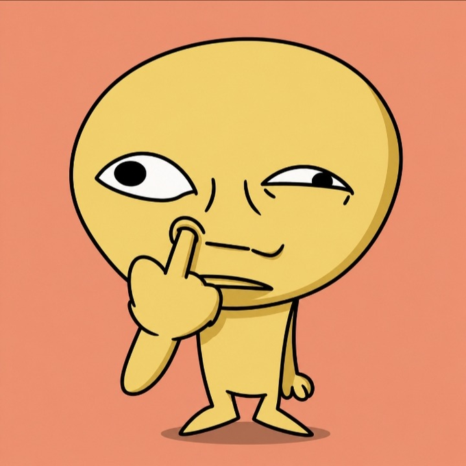 A cartoon yellow character with a skeptical expression holds its index finger to its chin, set against a solid coral background.