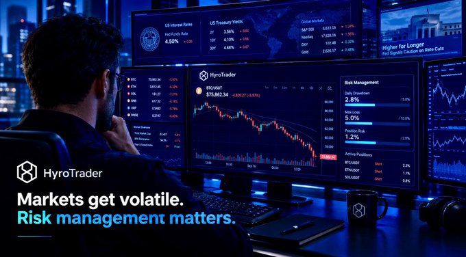 A promotional advertisement for HyroTrader showing a trader monitoring multiple screens displaying BTC/USD charts, US interest rates (4.50%), and Treasury yields, with the tagline 'Markets get volatile. Risk management matters.'