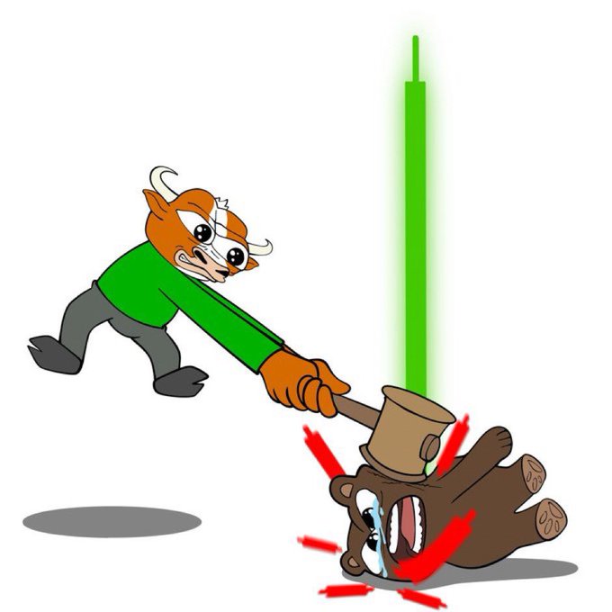 A cartoon illustration of an anthropomorphic bull character in a green shirt striking a brown bear with a large hammer, accompanied by a green candlestick indicating a price surge.