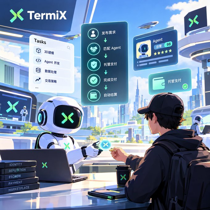 The image is a futuristic promotional graphic for **TermiX** showing a robot handing a payment to a person across a table, with a workflow diagram in the background displaying steps in Chinese: "发布需求" (Post Requirements) → "匹配 Agent" (Match Agent) → "托管支付" (Escrow Payment) → "完成交付" (Complete Delivery) → "自动结算" (Auto Settlement), alongside an Agent profile with a 98% trust score. The scene visualizes the post's theme of solving Agent collaboration's real bottleneck—identity, reputation, task assignment, payment escrow, and settlement—onchain through TermiX.