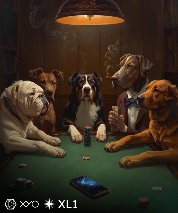 An illustration of anthropomorphic dogs playing poker around a green felt table under a hanging lamp; one dog wears a tuxedo and smokes a cigar while another holds cards, with an iPhone resting on the table.