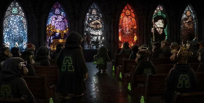 An illustrated scene depicts hooded figures with green symbols on their robes seated in pews inside a church with elaborate stained glass windows featuring various designs.