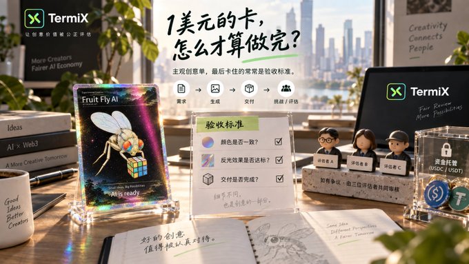 A promotional image for TermiX featuring a holographic $1 "Fruit Fly AI" card on a desk alongside a Chinese checklist titled "验收标准" (acceptance criteria) with items like color consistency and delivery completeness, and figurines representing the requester, evaluator, and deliverer in a 1-dollar task workflow. The image visually illustrates the post's question about subjective evaluation difficulties in AI card creation, showing the structured verification process (request → generate → deliver → accept/assess) TermiX uses to judge whether simple tasks like producing a blue fruit fly card are truly "done."