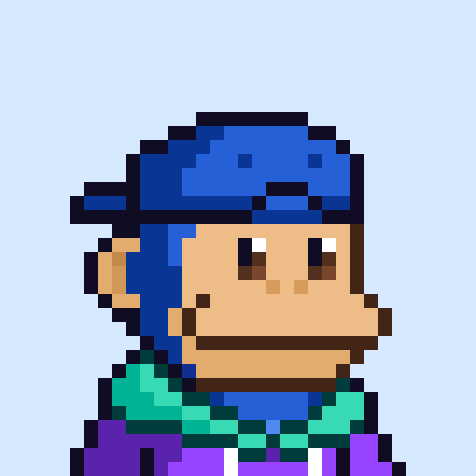 Pixel art portrait of a person with dark blue hair, tan skin, and a colorful striped sweater.