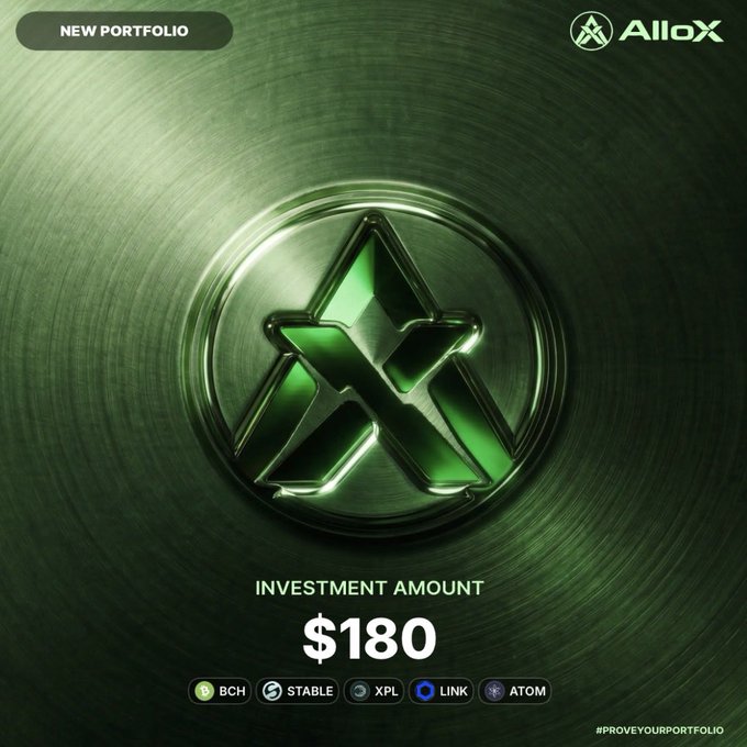 A promotional graphic from AlloX showcases a metallic green portfolio medallion with "NEW PORTFOLIO" label, advertising a $180 investment amount across tickers BCH, STABLE, XPL, LINK, and ATOM. The image visually reinforces the post's message of diversified, narrative-based investing by highlighting an AI-built portfolio spanning multiple crypto assets.