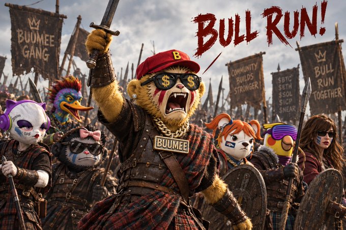 The image shows a group of anthropomorphic animal characters, led by a bear wearing sunglasses, a gold chain, and a red cap with the text "BULL RUN!" in red splatter font, along with banners reading "BUUMEE GANG" and "BULL RUN TOGETHER."