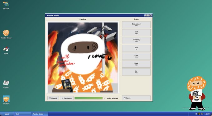 A retro Windows-style desktop screenshot featuring a "Webbie Builder" application with a preview of a cartoon character in flames saying "I will and you dontube." and "I LOVE U," alongside character trait buttons (Background, Shirt, Accessory, Skin, Eyes, Mask, Tail) and 7/7 traits selected.